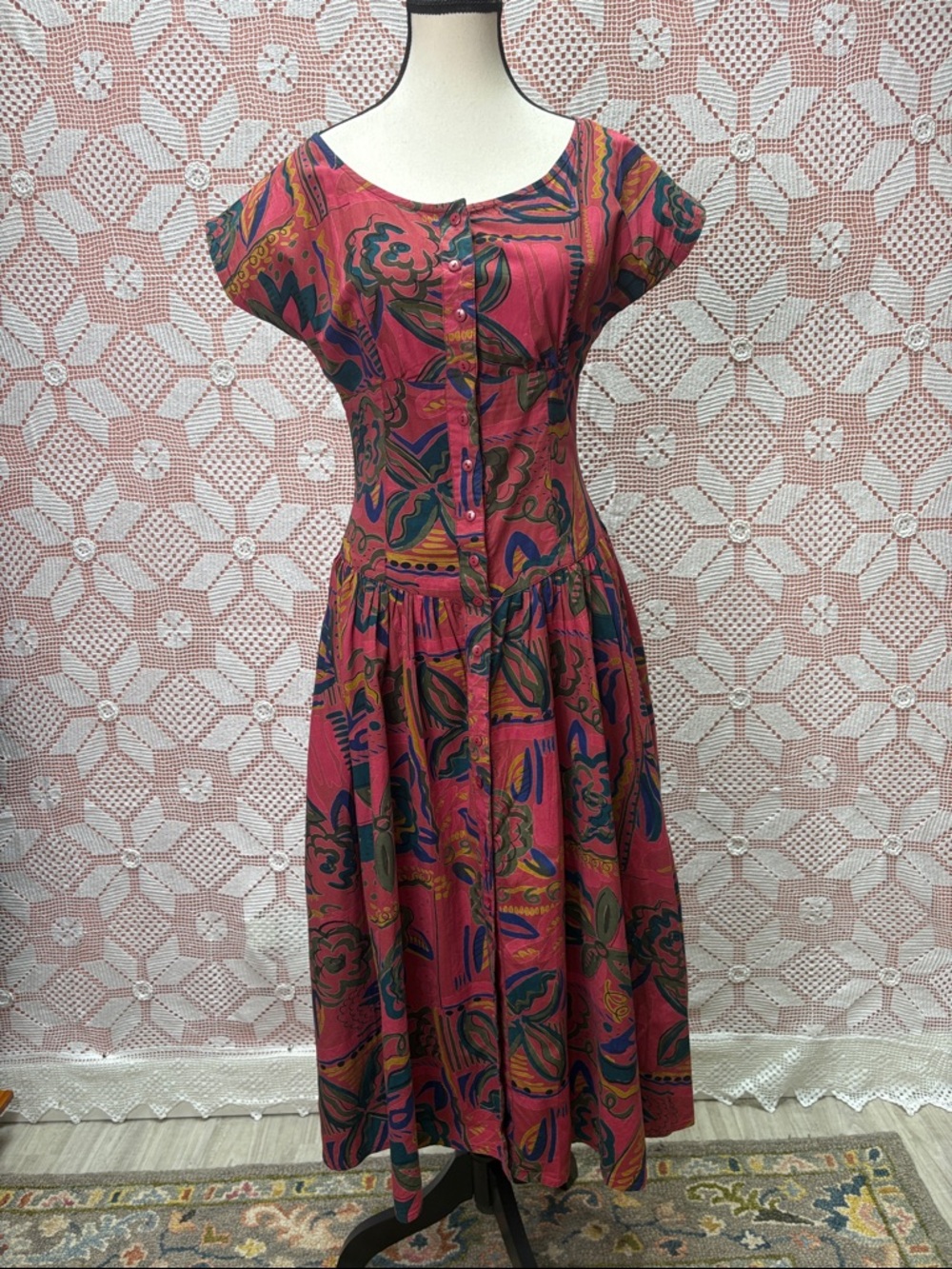 Vintage Miss Selfridge Cotton Midi Dress Abstract Floral Pockets